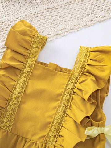 Young Girl's Summer Solid Color Square Neck Ruffle Trim Top