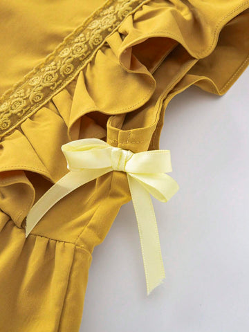 Young Girl's Summer Solid Color Square Neck Ruffle Trim Top