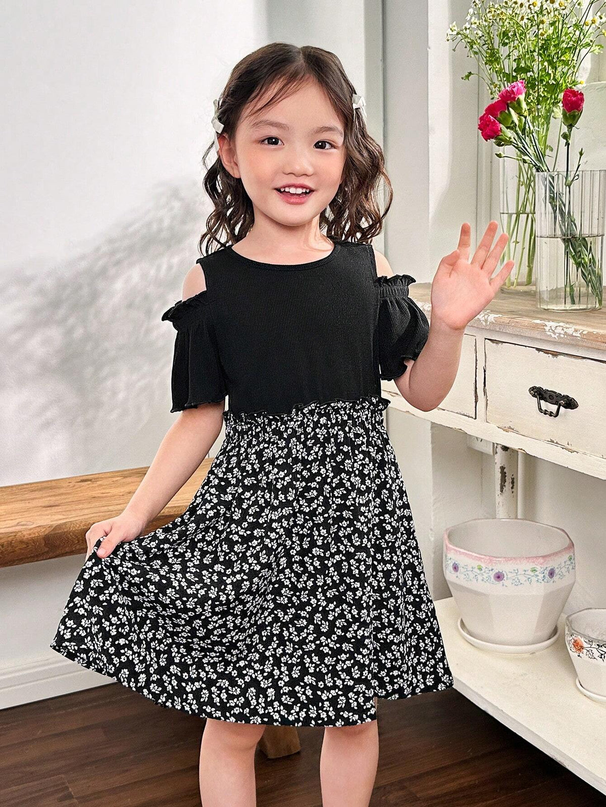 Young Girls Summer Square Neck Patchwork Mini Floral Print Sleeveless Dress