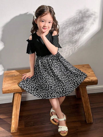 Young Girls Summer Square Neck Patchwork Mini Floral Print Sleeveless Dress