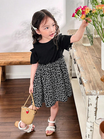 Young Girls Summer Square Neck Patchwork Mini Floral Print Sleeveless Dress
