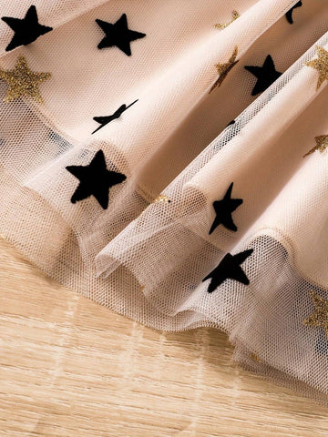 Young Girls' Summer Starry Mesh Tutu Dress With Spaghetti Straps