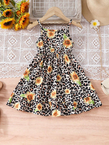 Young Girl's Summer Sunflower Leopard Print Casual Strappy Dress