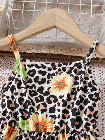 Young Girl's Summer Sunflower Leopard Print Casual Strappy Dress