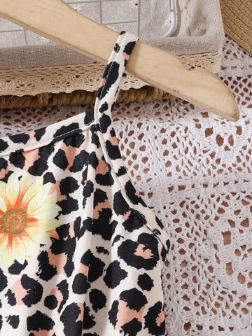 Young Girl's Summer Sunflower Leopard Print Casual Strappy Dress