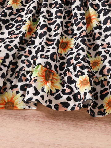 Young Girl's Summer Sunflower Leopard Print Casual Strappy Dress