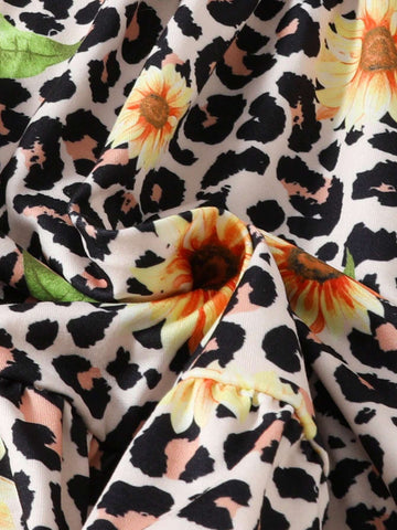 Young Girl's Summer Sunflower Leopard Print Casual Strappy Dress