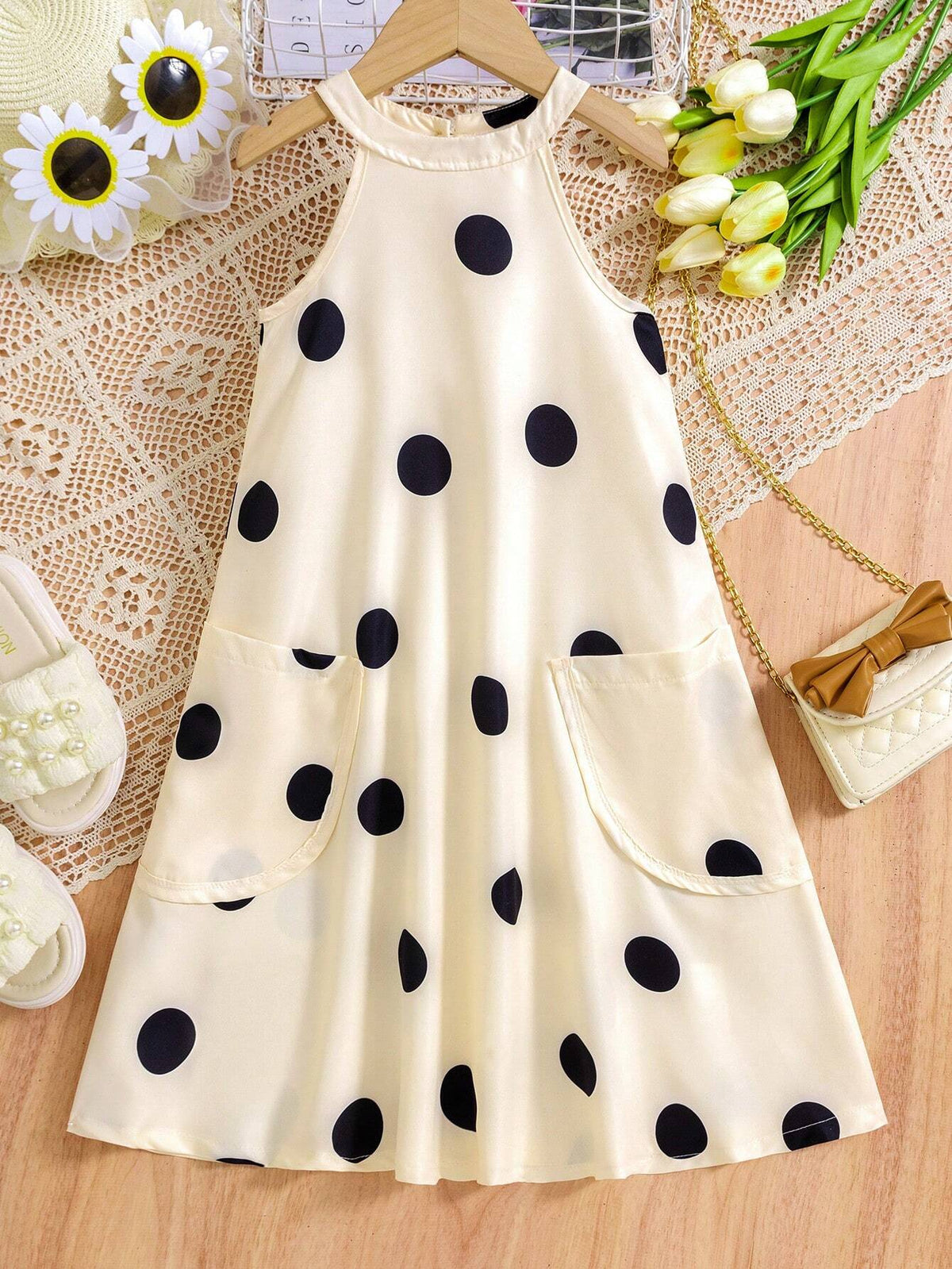 Young Girls' Summer Sweet French Ladylike Polka Dot Print Halterneck Dress With Double Pockets For Casual And Comfortable Look