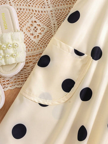 Young Girls' Summer Sweet French Ladylike Polka Dot Print Halterneck Dress With Double Pockets For Casual And Comfortable Look