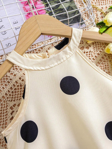 Young Girls' Summer Sweet French Ladylike Polka Dot Print Halterneck Dress With Double Pockets For Casual And Comfortable Look