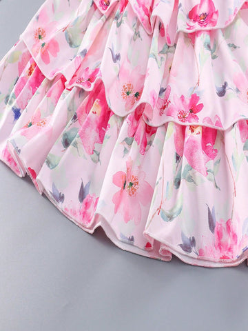 Young Girls' Summer Sweet Rose Color Princess Dress, Tutu Skirt