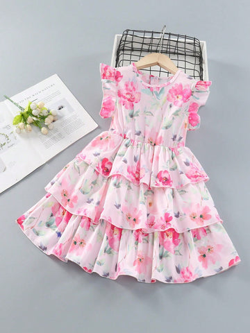 Young Girls' Summer Sweet Rose Color Princess Dress, Tutu Skirt