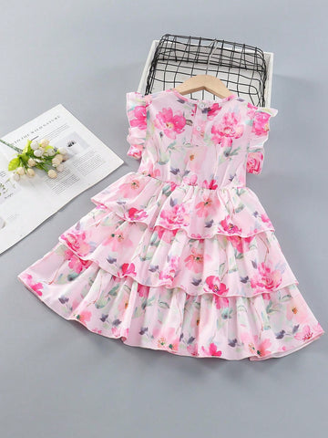 Young Girls' Summer Sweet Rose Color Princess Dress, Tutu Skirt