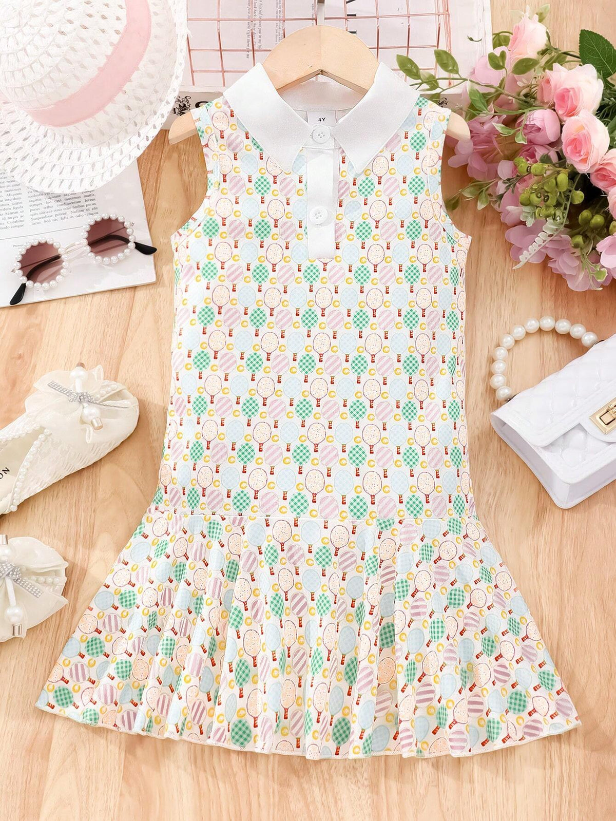 Young Girls' Summer Tennis Racquet Printed Polo Collar Flounce Hem Sleeveless Casual Dress