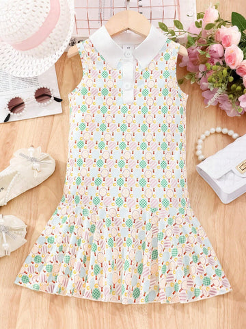Young Girls' Summer Tennis Racquet Printed Polo Collar Flounce Hem Sleeveless Casual Dress