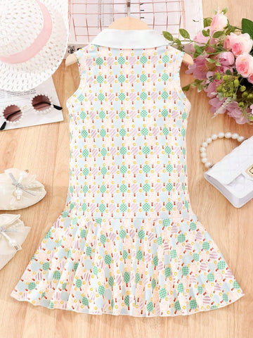 Young Girls' Summer Tennis Racquet Printed Polo Collar Flounce Hem Sleeveless Casual Dress