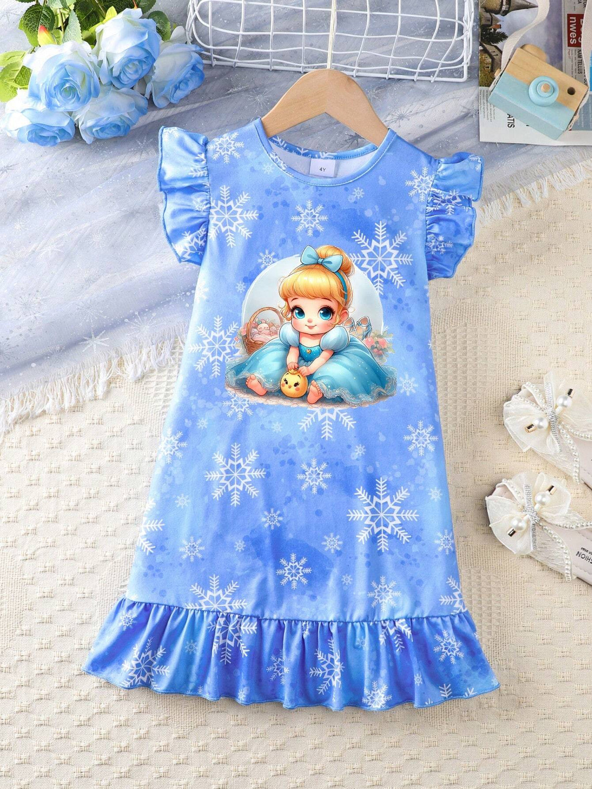 Young Girl's Summer Thin Snowflake Pattern Printed Cute Casual Ruffle Hem Dress
