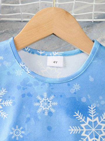 Young Girl's Summer Thin Snowflake Pattern Printed Cute Casual Ruffle Hem Dress