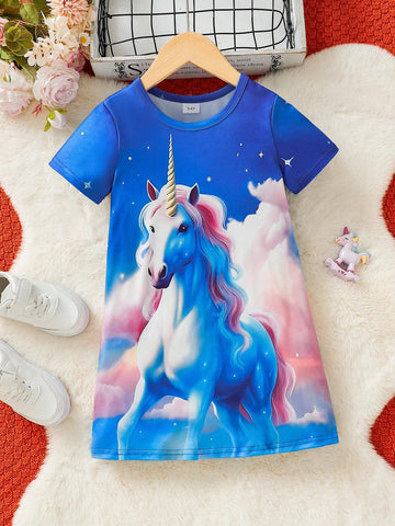 Young Girls" Summer Unicorn Printed Short Sleeve Casual T-Shirt Dress With Round Neck