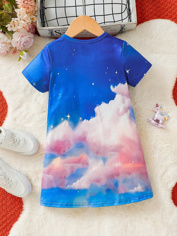 Young Girls" Summer Unicorn Printed Short Sleeve Casual T-Shirt Dress With Round Neck