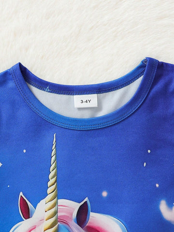 Young Girls" Summer Unicorn Printed Short Sleeve Casual T-Shirt Dress With Round Neck