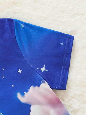 Young Girls" Summer Unicorn Printed Short Sleeve Casual T-Shirt Dress With Round Neck