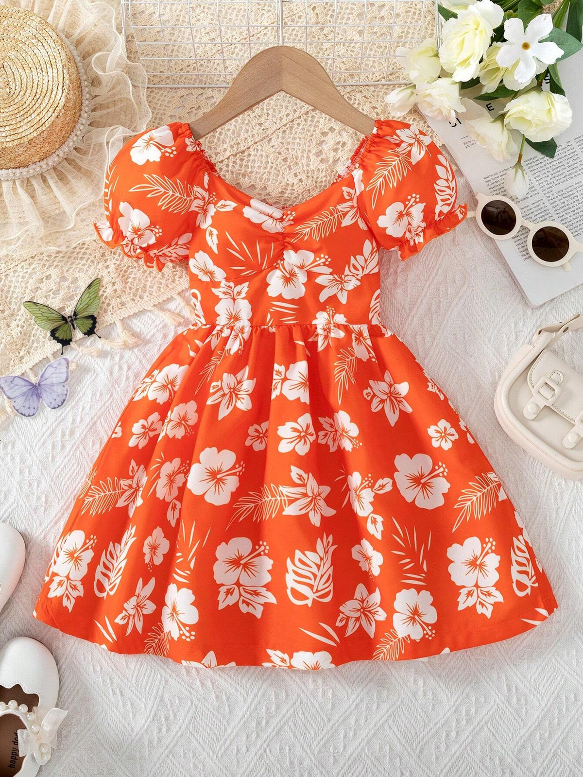 Young Girl's Summer White Floral Ruffled Neckline Short Puff Sleeve Dress
