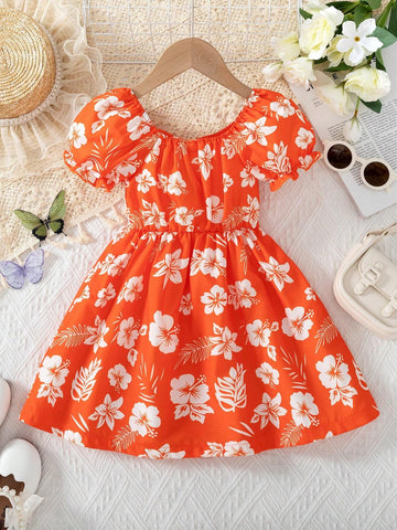 Young Girl's Summer White Floral Ruffled Neckline Short Puff Sleeve Dress