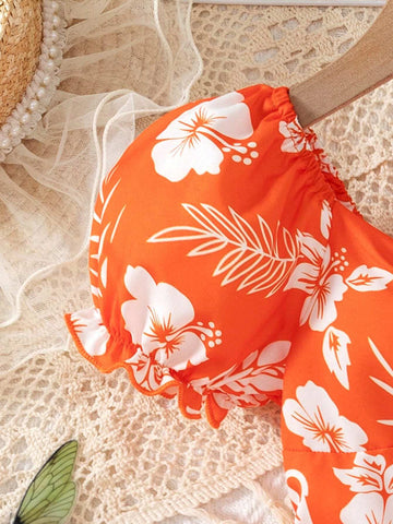Young Girl's Summer White Floral Ruffled Neckline Short Puff Sleeve Dress