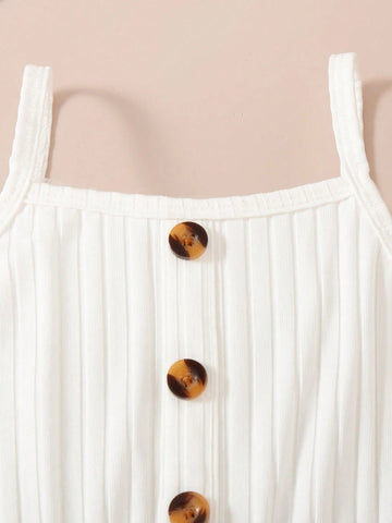 Young Girls Suspenders Fashion Flower Print Solid Color Button Casual Dress