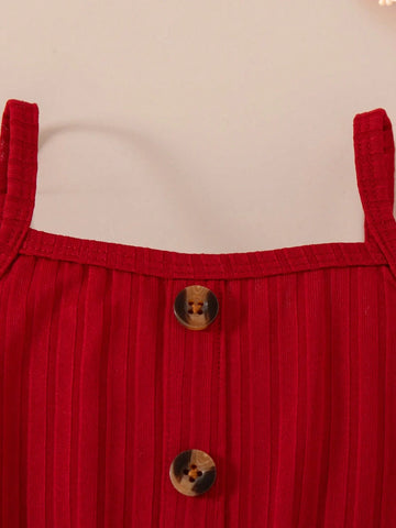 Young Girls Suspenders Fashion Flower Print Solid Color Button Casual Dress