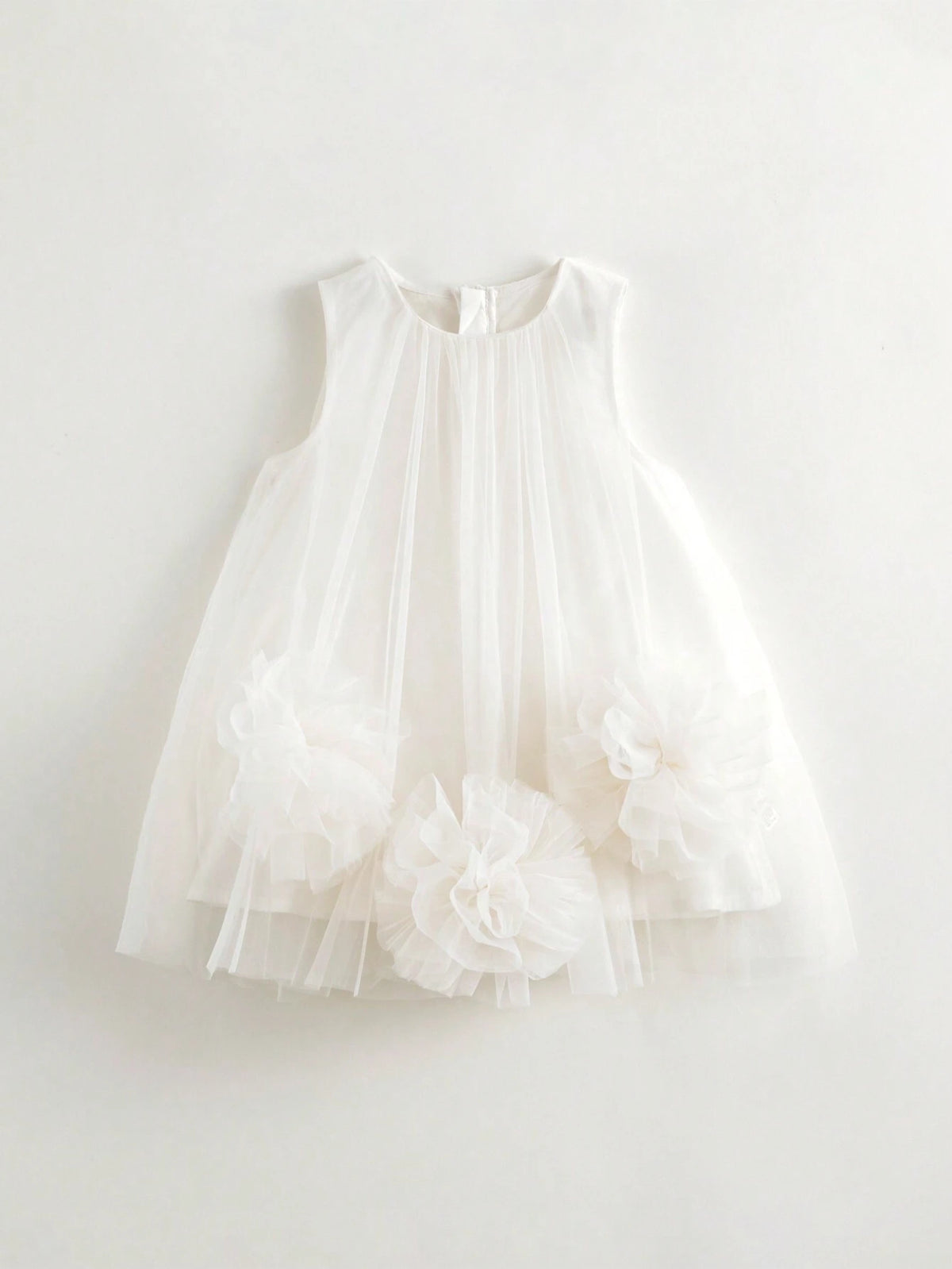 Young Girls' Sweet And 3D Flower Dress Mesh Round Neck Sleeveless Dress, Summer
