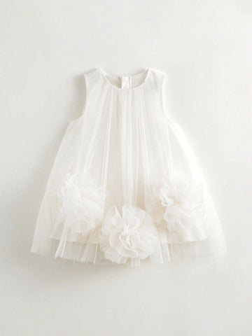 Young Girls' Sweet And 3D Flower Dress Mesh Round Neck Sleeveless Dress, Summer