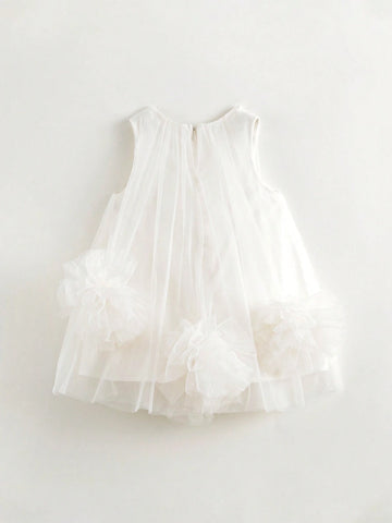 Young Girls' Sweet And 3D Flower Dress Mesh Round Neck Sleeveless Dress, Summer