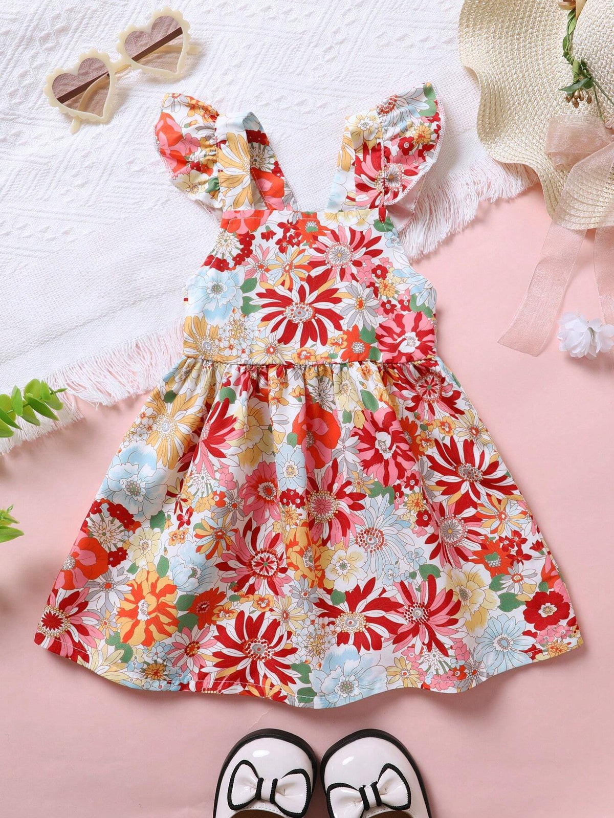 Young Girl's Sweet And Comfortable Floral Print Ruffle Hem Backless Princess Dress, Suitable For Summer Casual Holidays And Parties (Packaging Not Included)