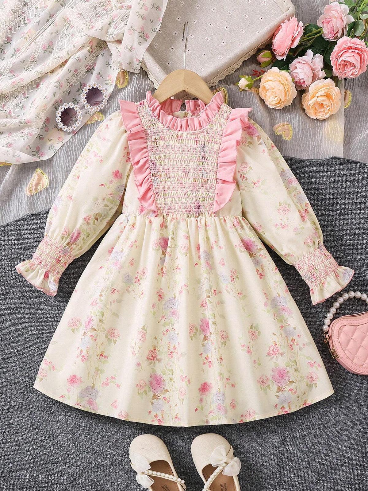 Young Girl's Sweet And Cute Loose Floral Printed Ruffle Hem Long Sleeve Dress For Summer