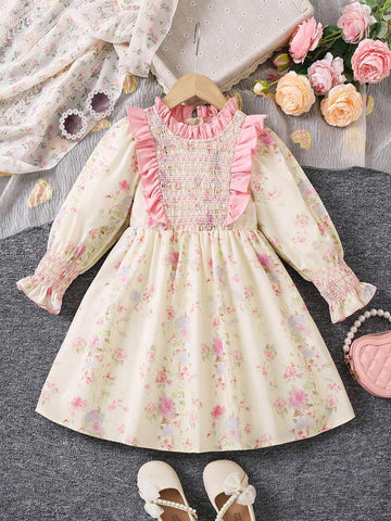 Young Girl's Sweet And Cute Loose Floral Printed Ruffle Hem Long Sleeve Dress For Summer