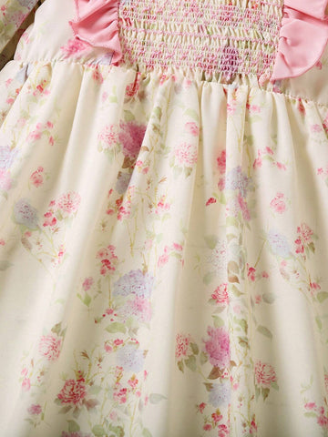 Young Girl's Sweet And Cute Loose Floral Printed Ruffle Hem Long Sleeve Dress For Summer