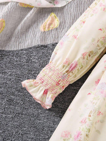 Young Girl's Sweet And Cute Loose Floral Printed Ruffle Hem Long Sleeve Dress For Summer