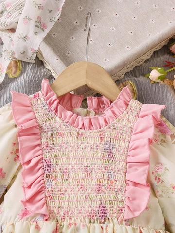 Young Girl's Sweet And Cute Loose Floral Printed Ruffle Hem Long Sleeve Dress For Summer