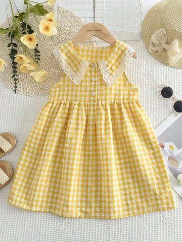 Young Girls Sweet And Cute Style Grid Print Woven Fabric Lace Trim Collar Tank Dress For Summer