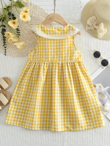 Young Girls Sweet And Cute Style Grid Print Woven Fabric Lace Trim Collar Tank Dress For Summer