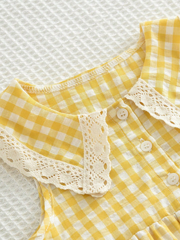 Young Girls Sweet And Cute Style Grid Print Woven Fabric Lace Trim Collar Tank Dress For Summer