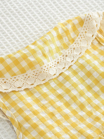 Young Girls Sweet And Cute Style Grid Print Woven Fabric Lace Trim Collar Tank Dress For Summer