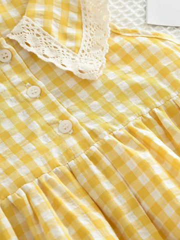 Young Girls Sweet And Cute Style Grid Print Woven Fabric Lace Trim Collar Tank Dress For Summer