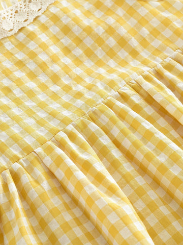 Young Girls Sweet And Cute Style Grid Print Woven Fabric Lace Trim Collar Tank Dress For Summer