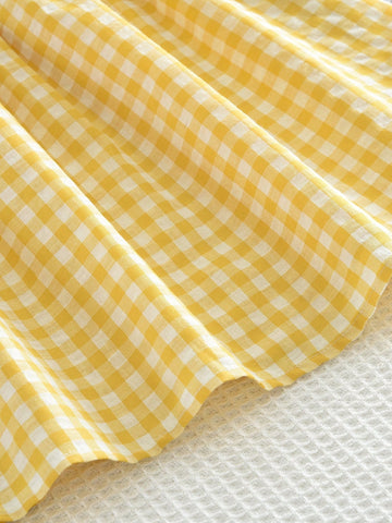 Young Girls Sweet And Cute Style Grid Print Woven Fabric Lace Trim Collar Tank Dress For Summer