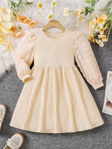 Young Girls Sweet And Cute & Elegant Swiss Dot Lantern Sleeve Waffle Knit Dress