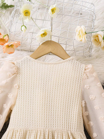 Young Girls Sweet And Cute & Elegant Swiss Dot Lantern Sleeve Waffle Knit Dress