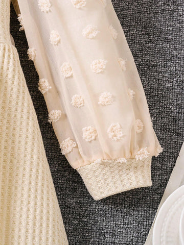 Young Girls Sweet And Cute & Elegant Swiss Dot Lantern Sleeve Waffle Knit Dress